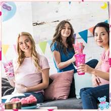 12 tazas para fiesta de pijamas con tapas y popotes 24 onzas con purpurina suministros para fiesta de pijamas para niñas - Rosa - Ver 6