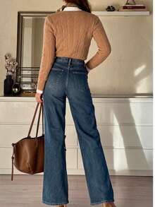 Denim Reto de Ajuste Solto Casual Feminino