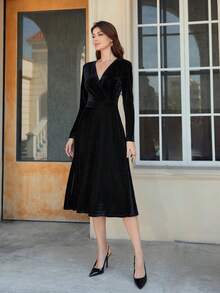 Elegant Women's Dress, Velvet Warm Long-Sleeved Slimming Skirt - 黑色 - 查看 11