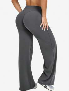 Women's High Waist Stretch Loose Straight Pants, Casual Sports Yoga Pants, Suitable For All Seasons, Simple Solid Color Leggings, Slim Fit Yoga Pants - Màu xám đen - Xem 2