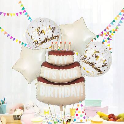 5pcs Birthday Party Decorative Balloons, Including Birthday Cake Balloon, Happy Birthday Round Balloon, Star Balloon, Suitable For Birthday Party Decoration, Photo Props, Atmosphere Background Layout, Celebration Decoration, Indoor Decoration, Theme Event Decoration, Party Supplies, Birthday And Anniversary Celebration