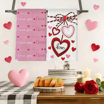 A Set Of 1/1/2 Valentine's Day Themed Towels With A Pink Heart And Bow Pattern Design, Woven From 100% Polyester Fiber, Measuring 40 * 60 Centimeters In Size. Made Of Machine Washable Polyester Material, It Is Heat-Resistant, Stain Resistant, Waterproof, And Easy To Clean. It Is Used For Table And Bowl Cleaning, And Can Be Used As Gifts, Household Items, Kitchen Supplies, And Valentine's Day Interior Decoration.