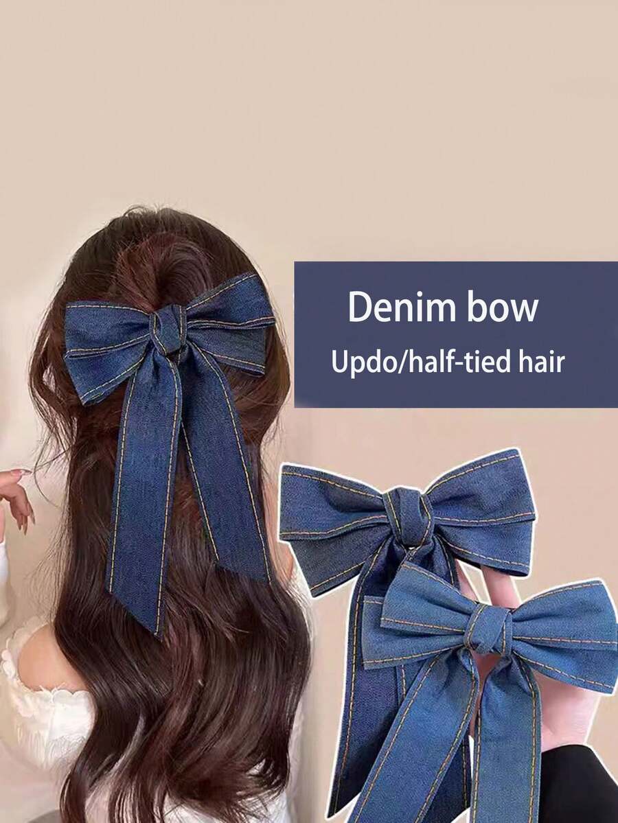 1pc New Denim Bow Hair Clip, Minimalist High-End Large Duck Clip For Occiput, Sweet Ribbon Hair Clip, Gift For Women - Multicolor - View 1
