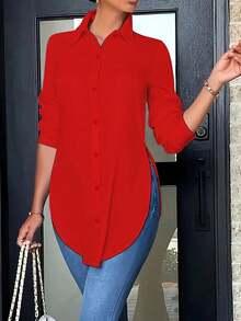 Women's Asymmetrical Hem Shirt - Minimalist Long Sleeve Blouse For All Seasons, Fashion Forward Basic Top, Versatile Staple Piece - Đỏ - Xem 7
