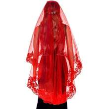 Black Lace Veil Brides Wedding Veils Long Cathedral Veil With Comb Mourning Funeral Corpse Halloween Costume Veils,36885446 - 紅色 - 查看 2