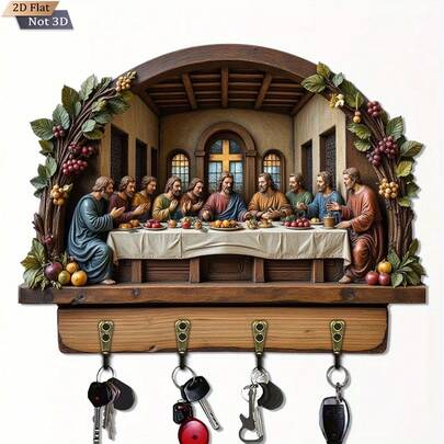 Soporte de llaves multifuncional de madera con 4 ganchos metálicos, con diseño plano 2D de una sola pieza con el tema de La Última Cena, para decoración de pared, entrada, habitación, villa, hogar para todas las estaciones