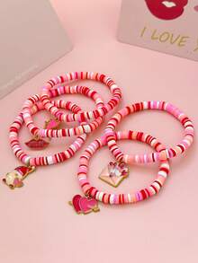 5件套情人节可爱手链套装！包含丘比特吊坠和情书吊坠，粉白红条纹叠层串珠手链，送给女友/闺蜜/姐妹的礼物，情人节限量版
