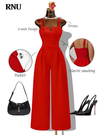 RNU Women's Red V-Neck Sleeveless Jumpsuit, Sexy & Cute, Essential For Dates, Elastic & Soft, Comfortable With Elastic Waist, Loose Fit, Suitable For Holidays, Weddings, Carnivals, Valentine's Day, Parties, New Year, Birthdays And More. Romantic & Elegant, Versatile For Business Casual. Sleeveless Long Jumpsuit, Spring/Summer