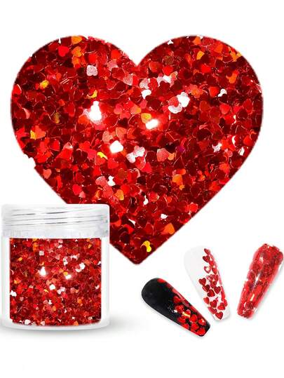 Holographic Glitter Heart Shaped Sequins Nail Art Decorations, Shiny DIY Handmade Nail Jewelry, Party Face & Body Makeup Resin - Laser Red