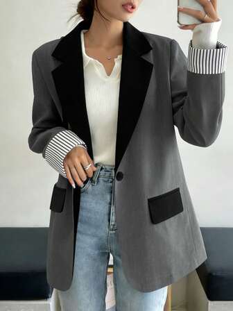 2026新款春秋通勤/休闲/日常/百搭女士西装外套：挺括的西装面料，撞色灰色西装外套，黑白条纹袖口+撞色翻领设计，带口袋，适合外出穿着。