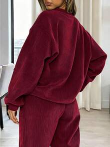 女士纯色舒适圆领长袖上衣和抽绳长裤休闲两件套，情人节/春季服装 - 酒紅色 - 查看 3