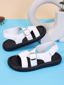 1 Pair Unisex New Style PU Hook And Loop Design Flat Cute Sandals, Soft Bottom Non-Slip Children Beach Shoes, Fashion Versatile Baby Toddler Sandals, Suitable For Summer - White - View 2