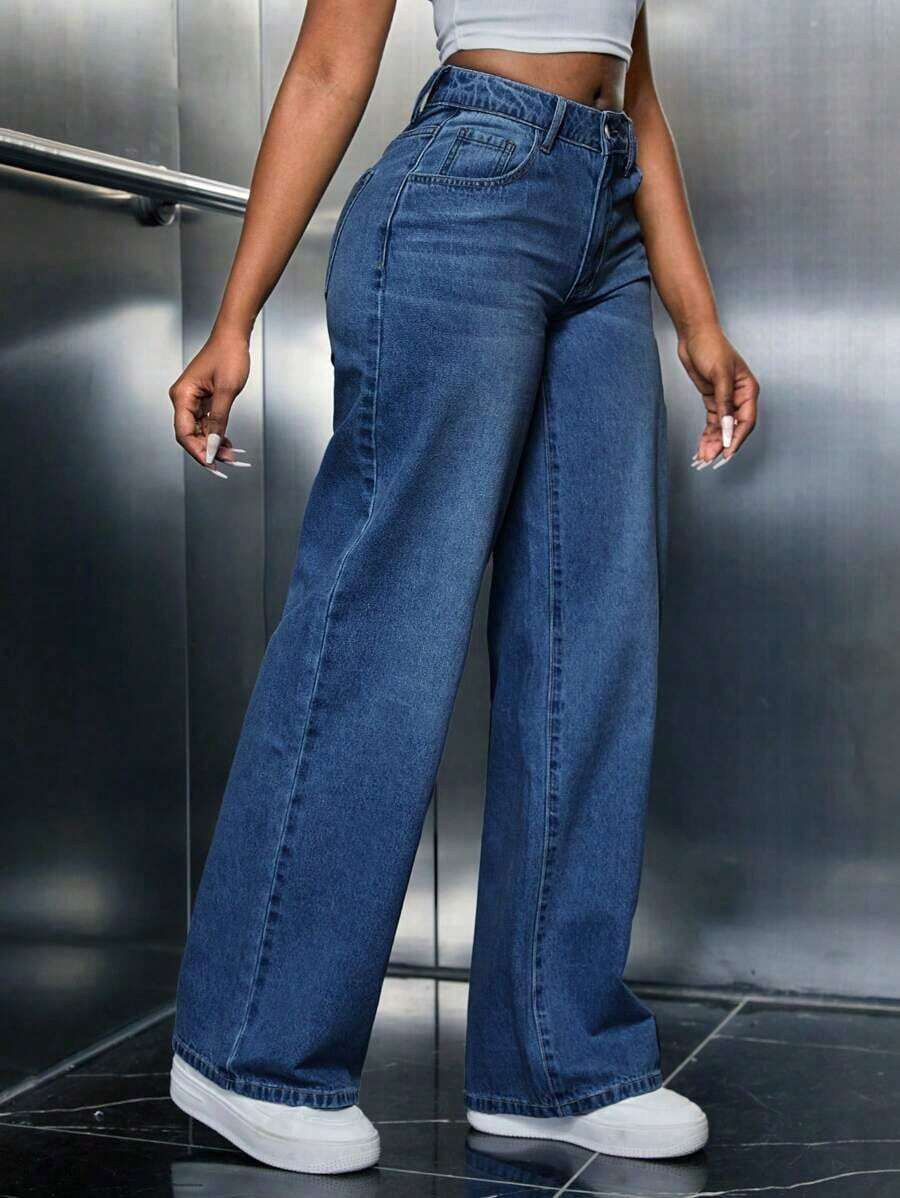 Pantalones vaqueros anchos de mujer, pantalones casuales con botón, bolsillo, cremallera de talle bajo, piernas anchas, de lavado medio, de algodón, para mujer con curvas, sueltos, para primavera/otoño, uso casual diario - Azul lavado medio - Ver 1