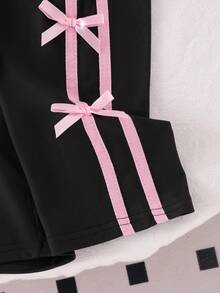 2pcs Baby Girl Casual Sports Style Bow Print Black Short Sleeve T-Shirt Top And Striped Bow Decor Pants Set - Black - View 8