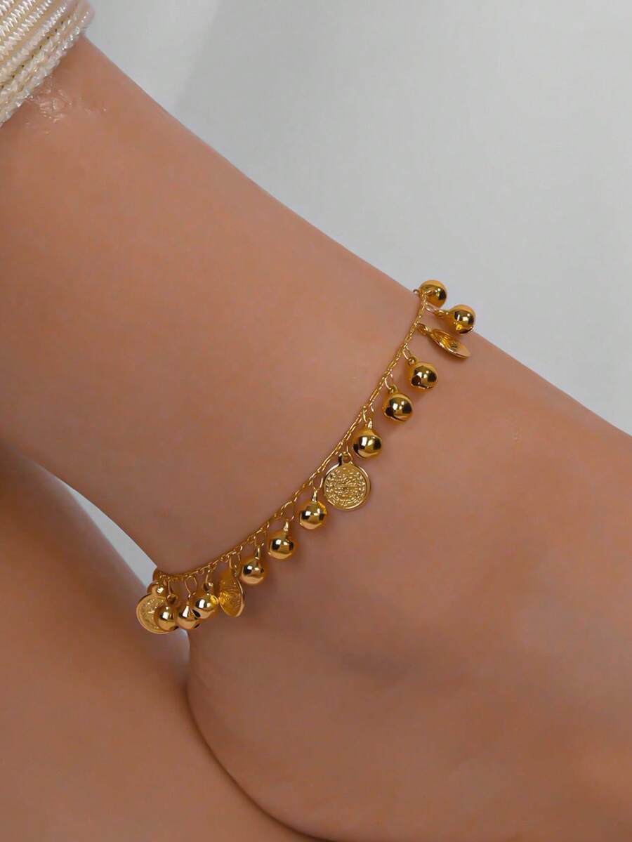 1 chiếc lắc chân mạ vàng 18k phong cách bãi biển cổ điển có thể điều chỉnh hình chuông dành cho phụ nữ, trang phục thường ngày và công sở