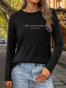Black Long Sleeve T-Shirt With "Paris" French Print, Minimalist Romantic Style, Women's Long Sleeve T-Shirt, Cotton Round Neck Top, Female Apparel, Autumn/Winter, Warm Lining, Pullover, T-Shirt, Womenswear, Comfortable Fit, Autumn/Winter Clothing, Everyday Wear - Black - View 4