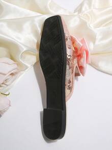 女士蝴蝶结亮片装饰平底拖鞋，方头设计，平底款式，适合春夏穿着 - 粉色 - 查看 8