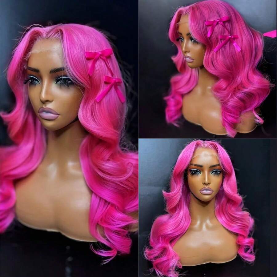 Hot Pink Body Wave Wig 13X4 Body Wave Wig HD Lace Frontal Wigs Red Glueless Pre Plucked Heat Resistant Fiber Hair 28 Inch Christmas Wig Synthetic Lace Front Wig Beginner Friendly For Women - 玫紅色 - 查看 1