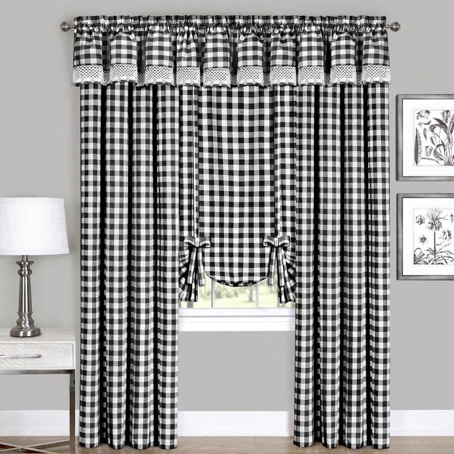 Home Decor - Cortina de ventana con panel de cuadros de búfalo, 42 pulgadas de ancho, 95 pulgadas de largo, cuadros blancos y negros, cortinas de campo filtrantes de luz para recámara, sala de estar y comedor - Negro/blanco - Ver 1