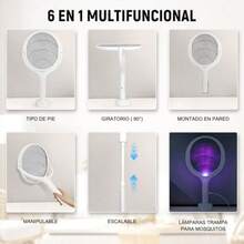 Raqueta Mosquitos 6 en 1 Matamoscas Electrico Recargable USB con Extensión Telescópica Raqueta Electrica para Mosquitos Giratorio de 90° Mata Mosquitos Eectrico para Interior y Exterior - Blanco - Ver 2