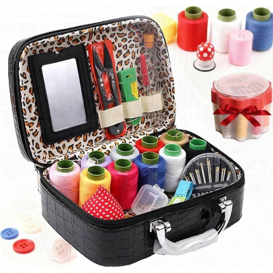 Wondolla Sewing Kit Portable Sewing Kit in Faux Leather CaseBig Eye Steel Sewing Needles Kit Sewing Needles Supplies Travel Essentials Needle Point Set For Handcraft Lovers Black - Negro - Ver 1