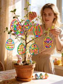 8pcs Unfinished Wooden Easter Eggs For DIY Painting, Suitable For Craft Hanging Decor, Easter Egg Hunt, Spring Party Favors, Home Decor - Multicolor - View 7