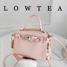 low tea 新款夏季荔枝纹女士手提包，时尚可调节肩带斜挎包，简约纯色高端金属装饰单肩通勤包 - 粉色 - 查看 9
