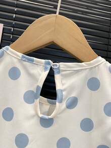 2 pezzi/set Outfit casual per ragazze, top e pantaloni set di moda per giovani ragazze con decorazione a pois e fiocco, estivo - Blu - Visualizzare 6
