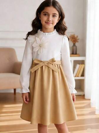 少女碎花领长袖系腰拼接休闲连衣裙，秋冬款