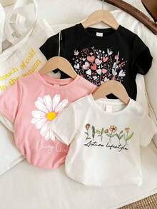 3pcs/Set Young Girl Floral Print Round Neck Short Sleeve T-Shirts - Multicolor - View 1