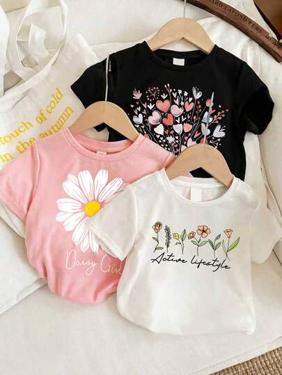 3pcs/Set Young Girl Floral Print Round Neck Short Sleeve T-Shirts