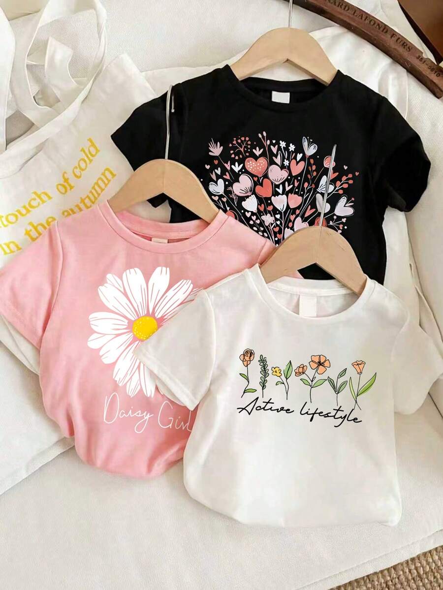 3pcs/Set Young Girl Floral Print Round Neck Short Sleeve T-Shirts - Multicolor - View 1