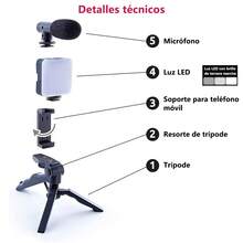 1pcs Kit de Grabación de Video para Móvil - Trípode, Soporte para Teléfono Celular, Luz de Relleno Ajustable y Micrófono para Vlogging, Transmisiones en Vivo y Creación de Contenido - Negro - Ver 5