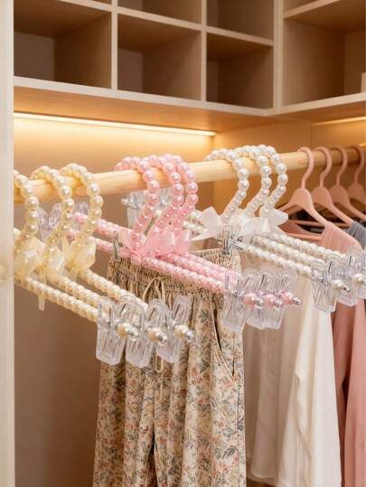 3PCS Pearl Plastic Bowknot Clothes Rack With Clip Faux Pearl Hangers Pearl Pants Hangers For Trousers Jeans Skirts