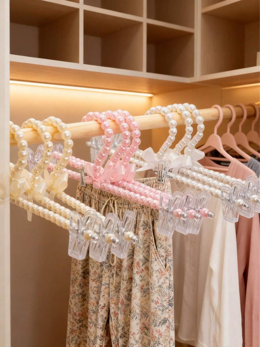 3件套珍珠塑料蝴蝶结衣架，带夹子，仿珍珠衣架，珍珠裤架，适用于裤子、牛仔裤、裙子 - 彩色 - 查看 1