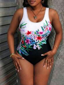 Floral & Leaf Print Bohemian Style Casual One Piece Swimsuit - Final Design and Color - View 1