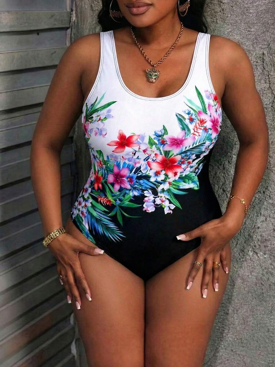 Floral & Leaf Print Bohemian Style Casual One Piece Swimsuit - Final Design and Color - View 1