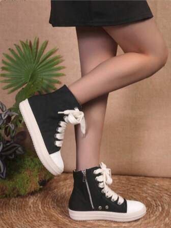 Women's High-Top Boots, Breathable, Comfortable, Lightweight, Round Toe Design, Multi-Function Side Zipper Lace-Up Boots, Suitable For Autumn/Winter