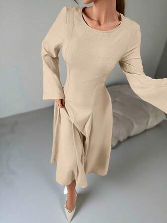 Women's Elegant A-Line Linen Dress With Waist Tie, Trumpet Sleeves & Gathering – Ideal For Daily Casual Wear & Parties