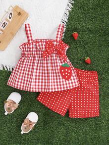 Summer Baby Girls Butterfly & Strawberry Decor Camisole Top And Shorts Set - Red - View 1