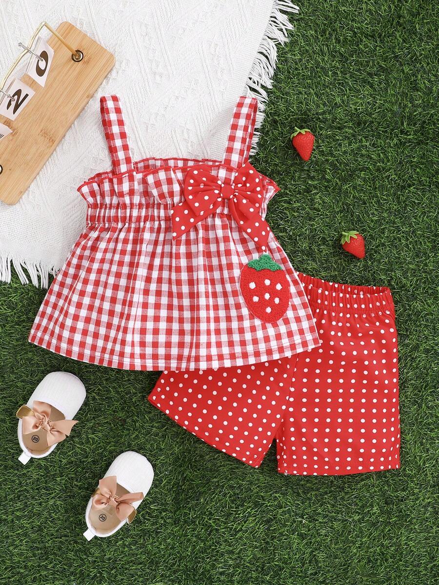 Summer Baby Girls Butterfly & Strawberry Decor Camisole Top And Shorts Set - Red - View 1