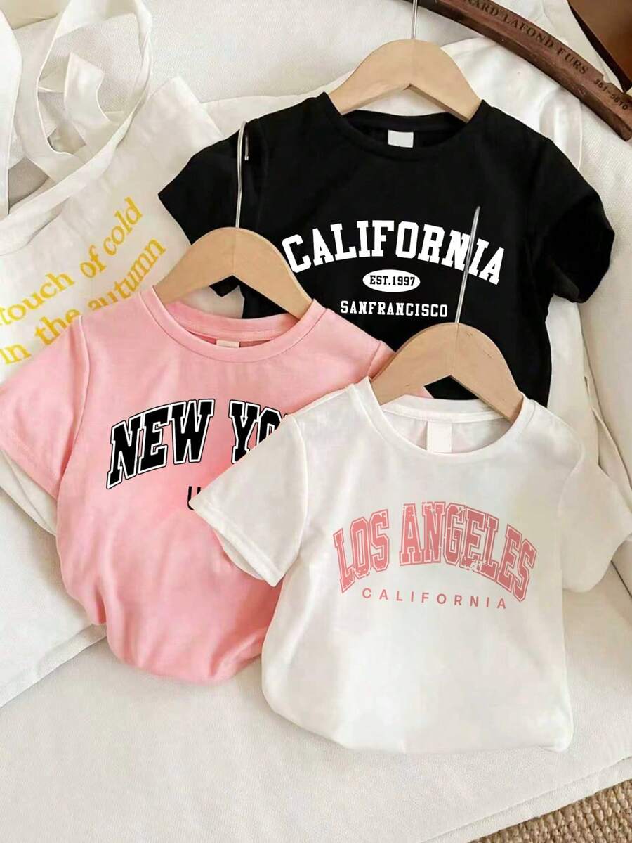 3pcs Toddler Young Girl Letter Print Short Sleeve Set - Multicolor - View 1