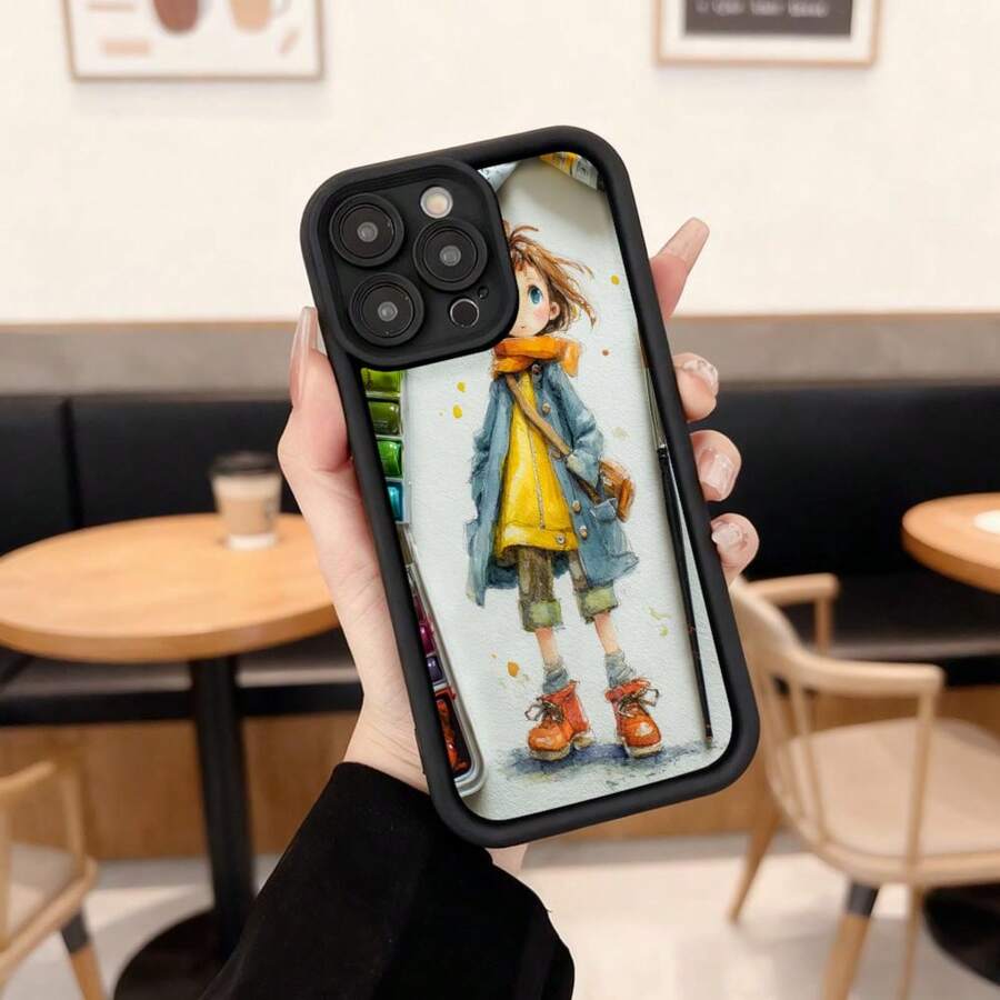 Cubierta de telefono con borde negro y diseño de niña con abrigo azul y chaqueta amarilla ilustracion artistica para uso diario en cafeterias y espacios urbanos,Aplicable a los teléfonos de la serie Apple y Galaxy - Café integral - Ver 1