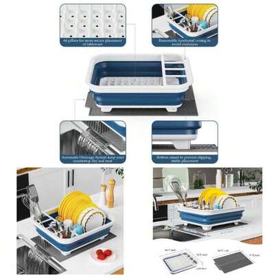 Dish Rack, Drying Rack Kitchen, Dish Racks Kitchen Counter, Collapsible Dish Drying Racku2014Suitable Kitchens, Motorhomes, Yachts, Campers - Blue - White With Silicone Drain Pad