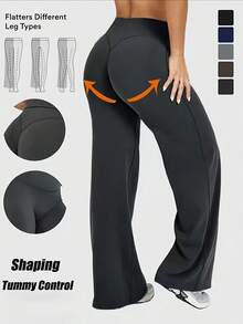 Women's High Waist Stretch Loose Straight Pants, Casual Sports Yoga Pants, Suitable For All Seasons, Simple Solid Color Leggings, Slim Fit Yoga Pants - Màu xám đen - Xem 7