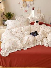 4pcs Lace Bedding Set, Soft & Comfortable Bedroom Linens, Lace Design, Cartoon Pattern, Breathable & Soft All-Season Bedding Set, Including 1 Duvet Cover, 1 Bed Sheet, 2 Pillowcases, No Filling, Suitable For Bedroom, Dorm, Home Use, Multiple Sizes Available - Red - View 8