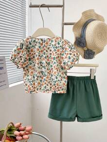 2 peças/Conjunto Blusa com Manga Bufante Floral e Shorts para Meninas, Conjunto de Roupas Fashionistas de Verão - Verde - Visão 2