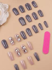 24pcs Short French Style Simple False Nails Set With 1pc Nail File And 1pc Jelly Gel Press On Nails Nail Supplies - Blue - View 2