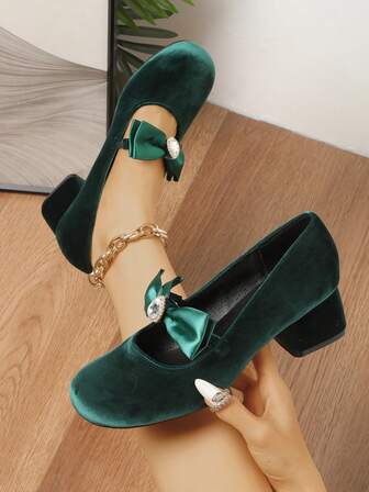 Women's Burgundy Velvet Round Toe Crystal Bow Tie Elastic Band High Heel Pumps, Elegant & Versatile For Daily Commute