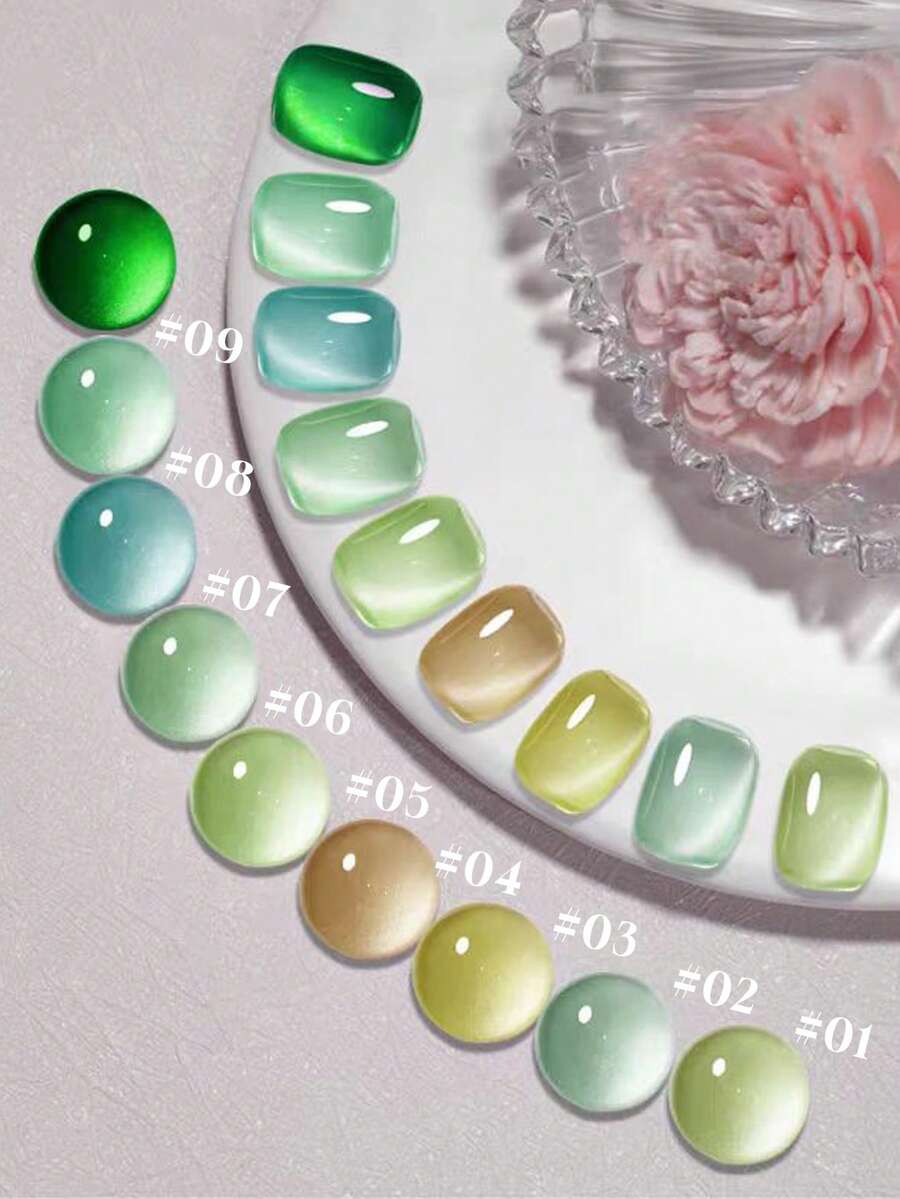 12毫升绿葡萄猫眼凝胶指甲油，9款春夏限量版磁性凝胶，半透明果冻绿金猫眼，全息闪粉效果，可卸除，UV/LED灯固化，持久亮泽，适合度假和日常美甲